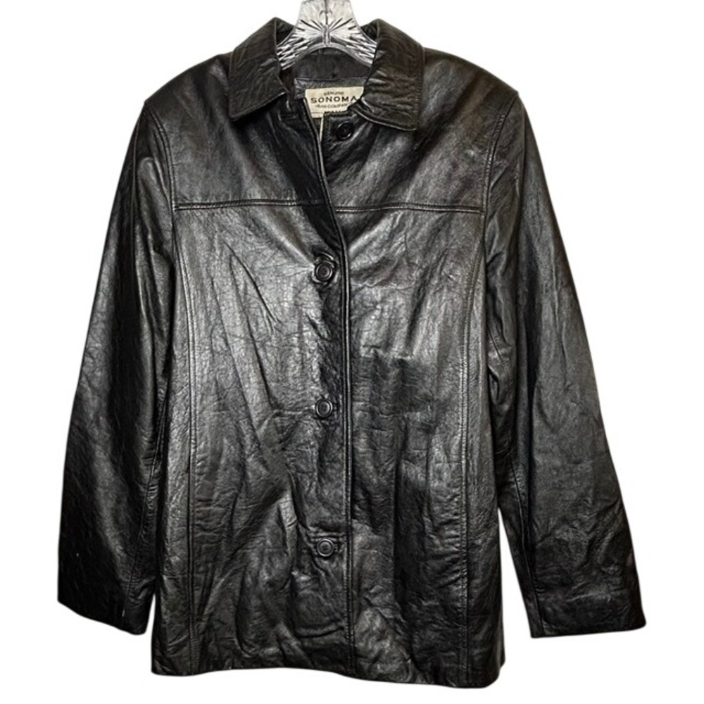 Vintage Sonoma Women's Black 100% Lambskin Leather Button Up Jacket MD